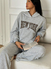 Leopard Print "New York" Graphic Casual Loose Hooded Sweatshirt & Pant Set For Women, Spring Autumn